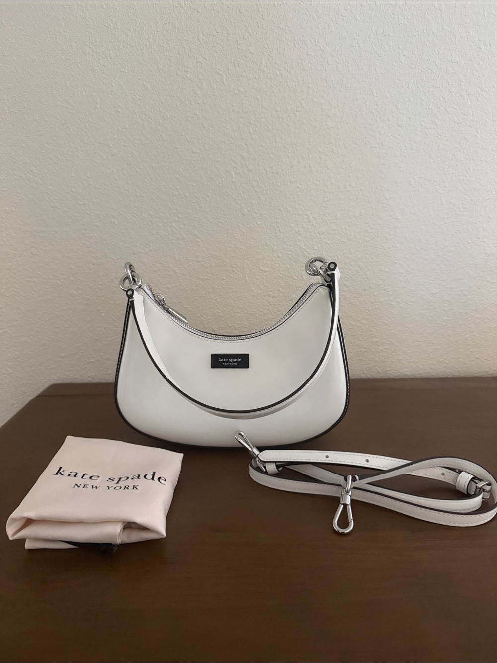 kate spade White Crescent Leather Shoulder and CrossbodyBag with Silver Hardware